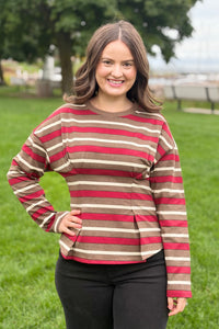 Stripe Waist Pleated Top - Wine