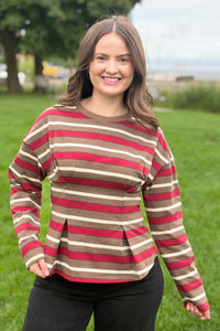 Stripe Waist Pleated Top - Wine