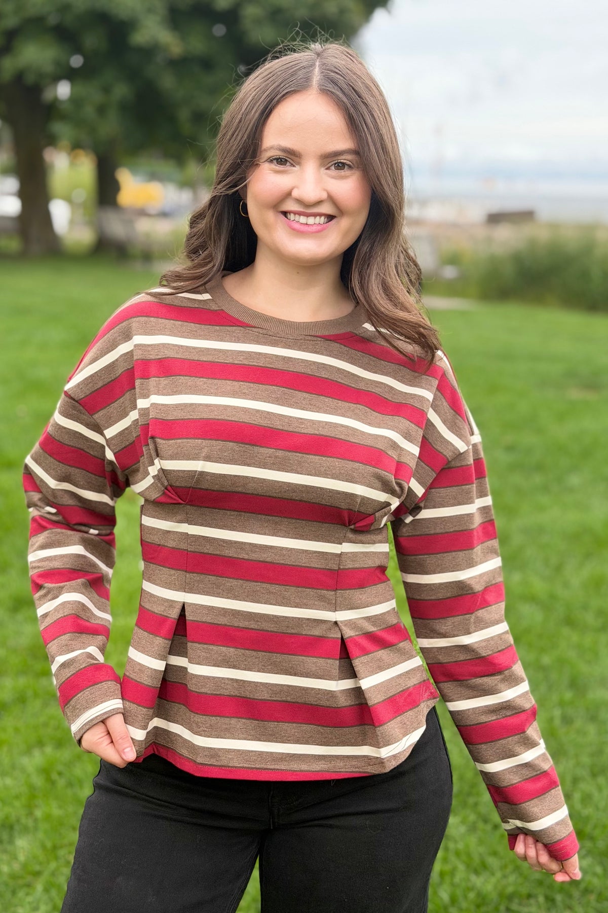 Stripe Waist Pleated Top - Wine