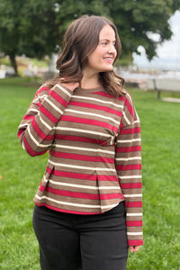 Stripe Waist Pleated Top - Wine