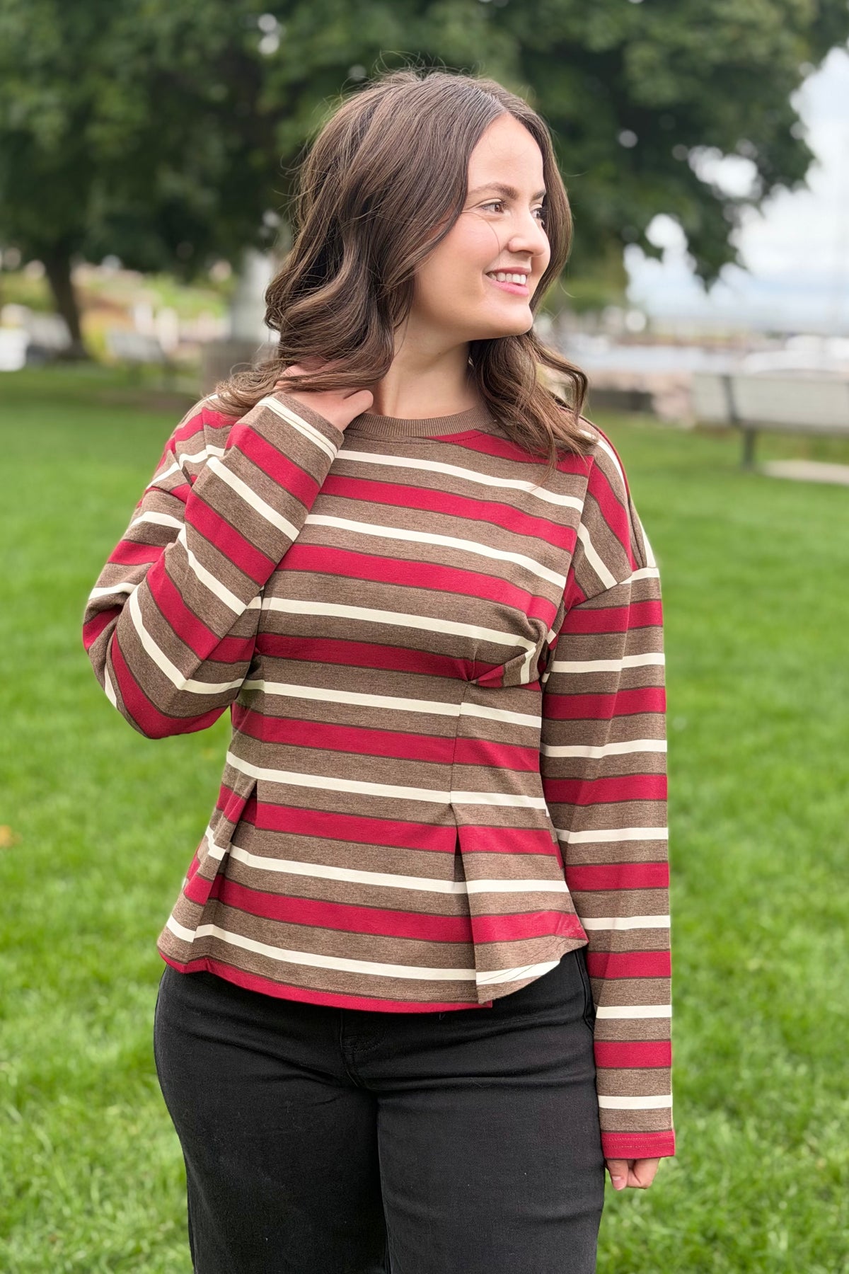 Stripe Waist Pleated Top - Wine