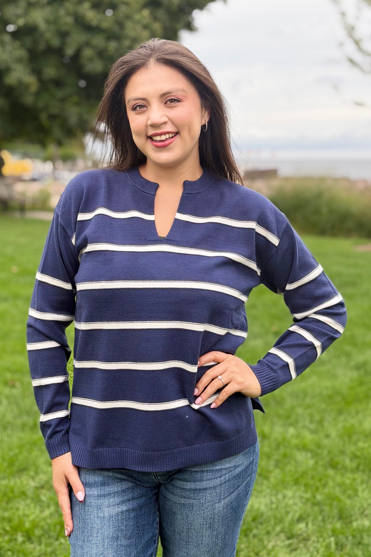 Split Neck Stripe Sweater - Navy
