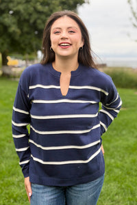 Split Neck Stripe Sweater - Navy