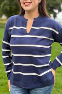 Split Neck Stripe Sweater - Navy