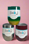 An image of three stemless Swig Wine mugs. These are stainless steel and come in either 12 oz or 9 oz.