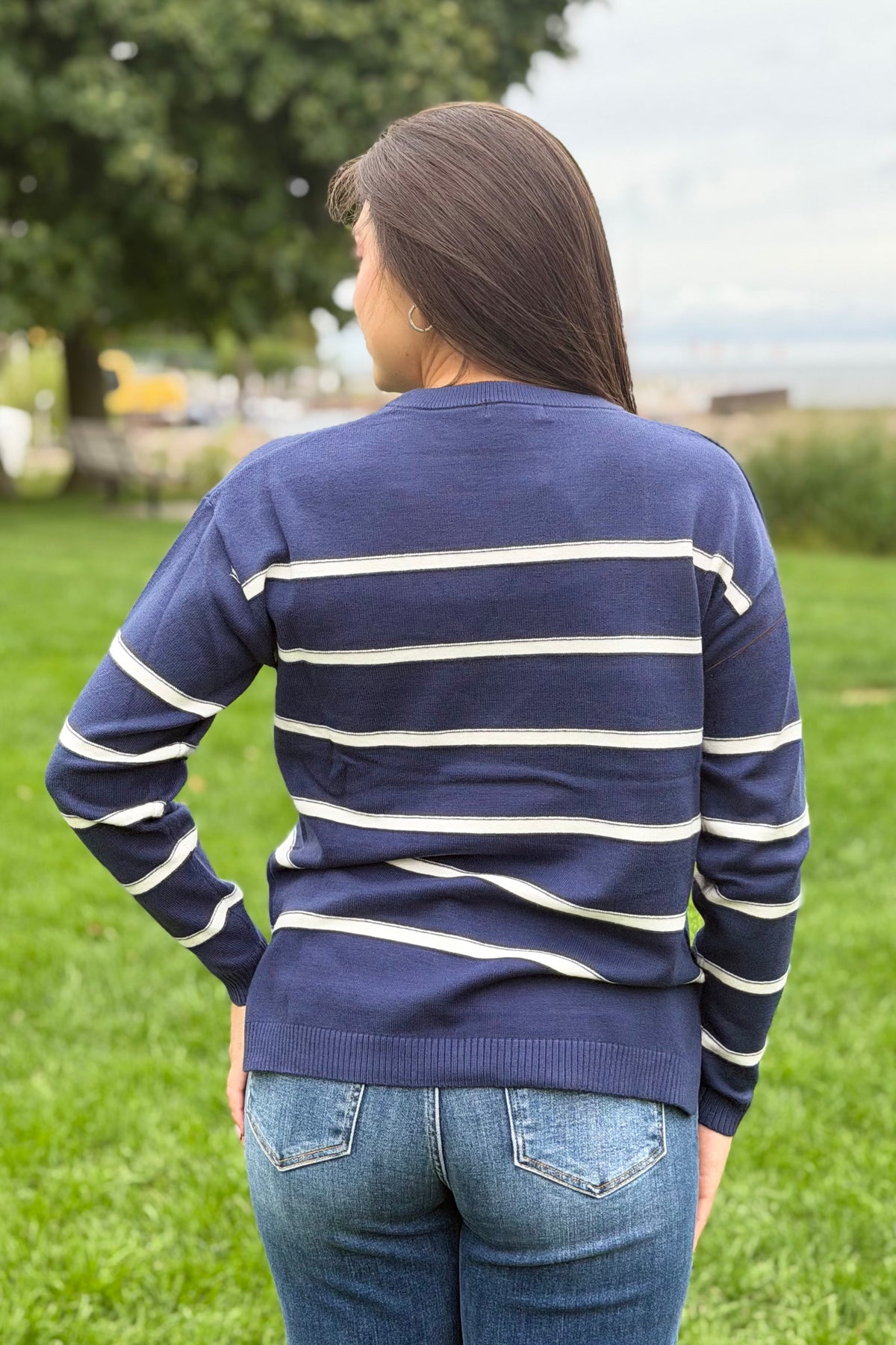Split Neck Stripe Sweater - Navy