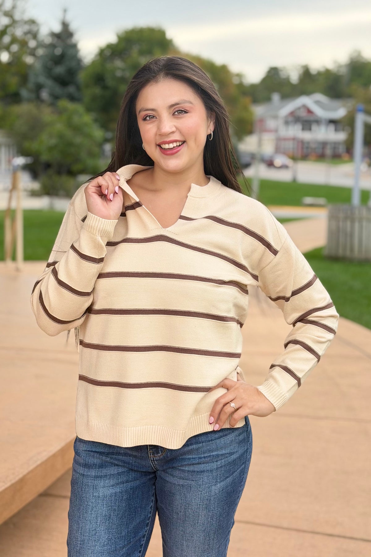 Split Neck Stripe Sweater - Cream