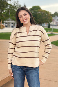 Split Neck Stripe Sweater - Cream
