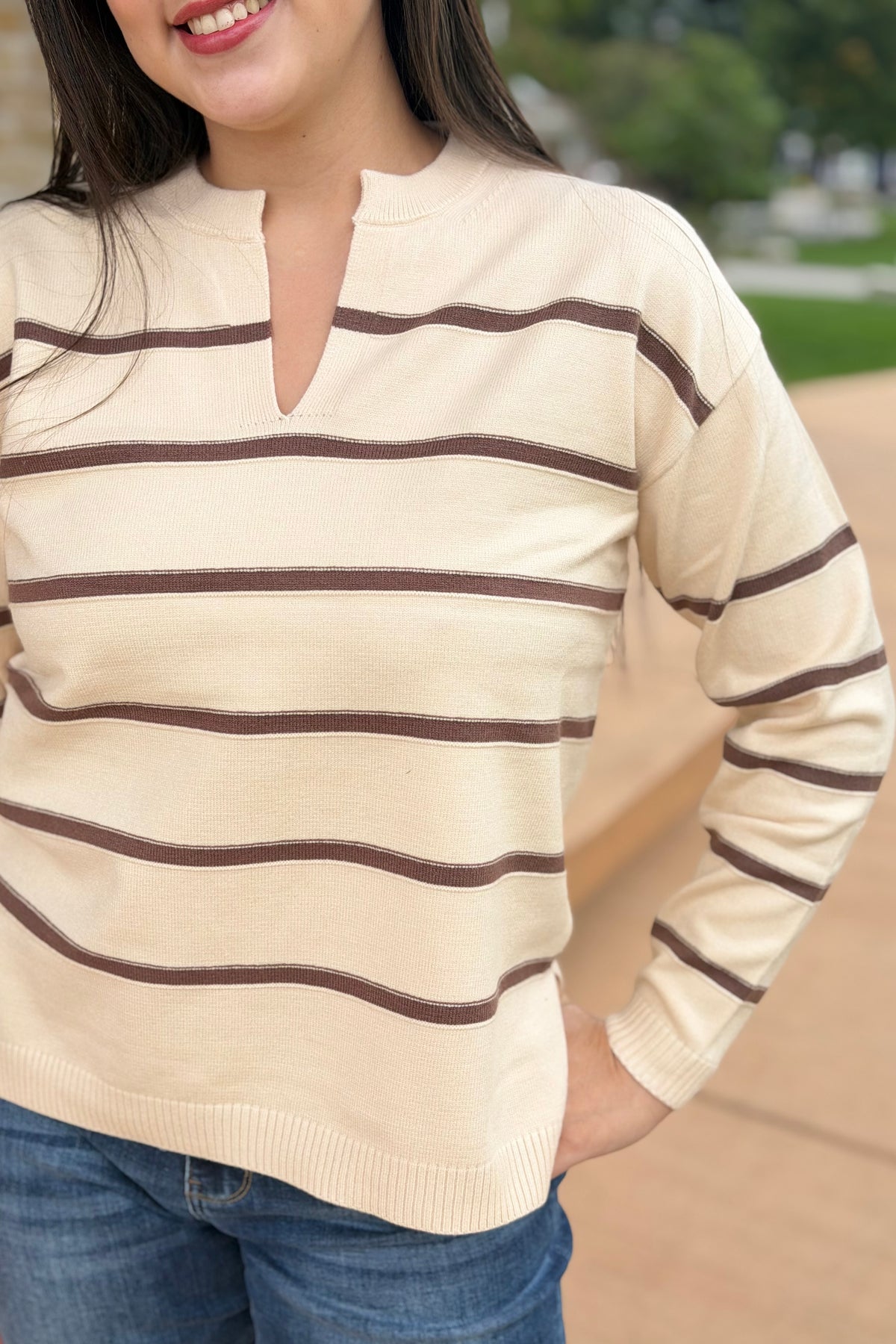Split Neck Stripe Sweater - Cream