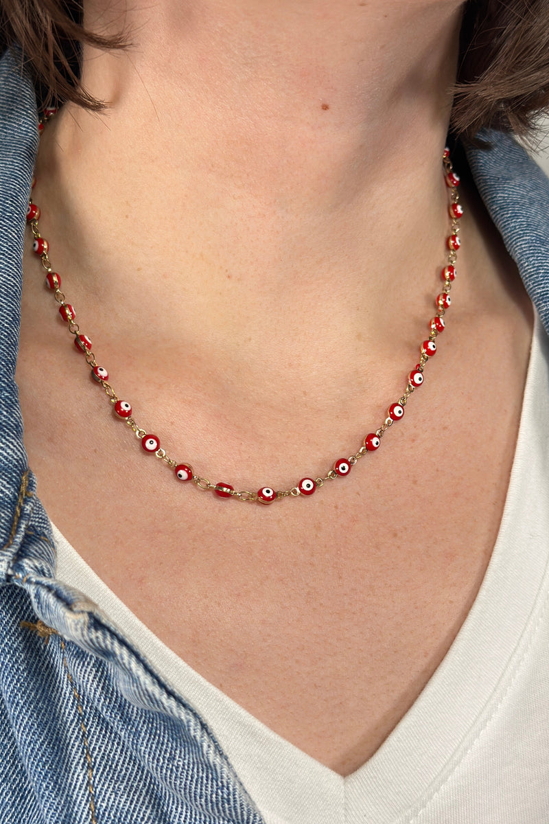 Evil Eye Beaded Necklace - Red