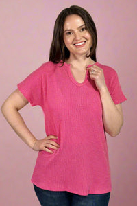 Notched Neckline Ribbed Shirt - Watermelon