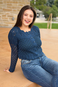 Scallop Cable Knit Cardigan - Dark Teal