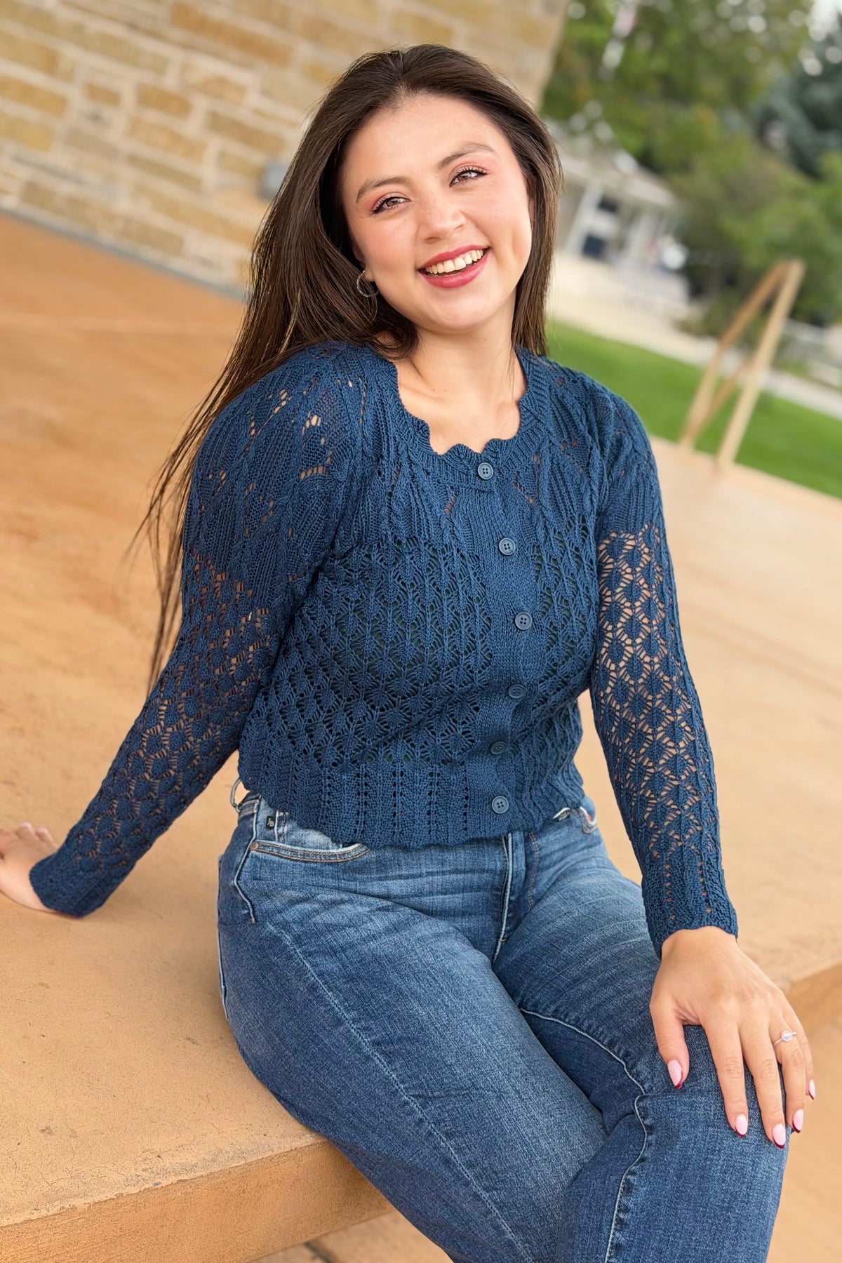 Scallop Cable Knit Cardigan - Dark Teal