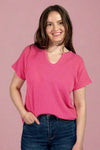Notched Neckline Ribbed Shirt - Watermelon