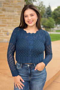 Scallop Cable Knit Cardigan - Dark Teal