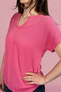 Notched Neckline Ribbed Shirt - Watermelon