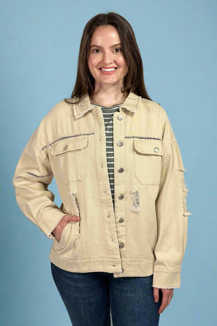 Washed Twill Distressed Jacket - Beige