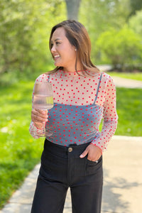 Sheer Mesh Heart Print Long Sleeve Top