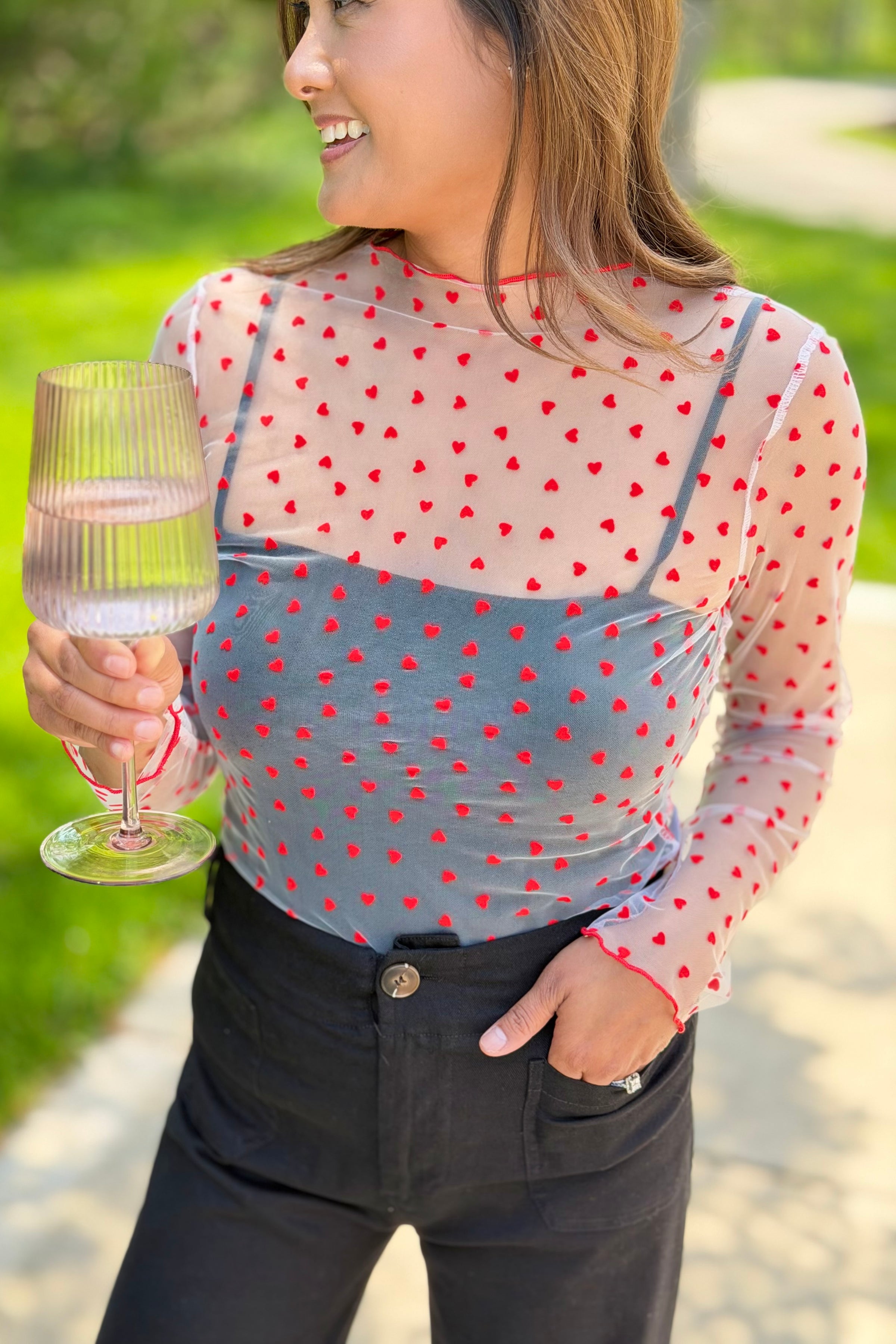 Sheer Mesh Heart Print Long Sleeve Top