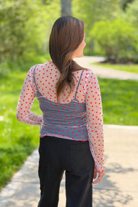 Sheer Mesh Heart Print Long Sleeve Top