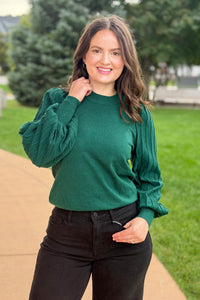Stripe Texture Puff Sleeve Top - Forest