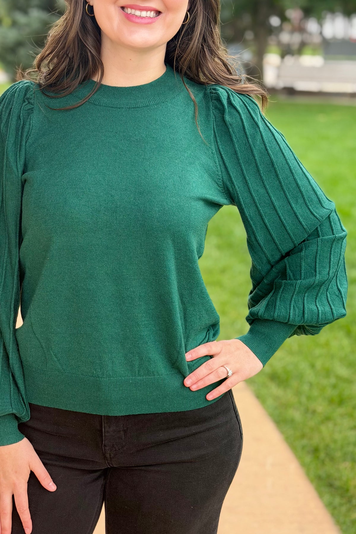 Stripe Texture Puff Sleeve Top - Forest