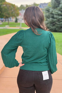 Stripe Texture Puff Sleeve Top - Forest
