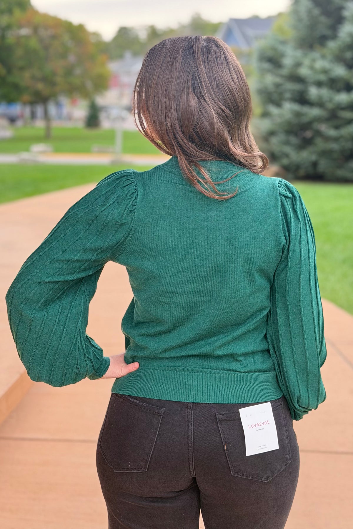 Stripe Texture Puff Sleeve Top - Forest