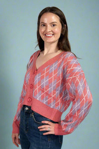 Argyle Pattern Knit Cardigan - Pink