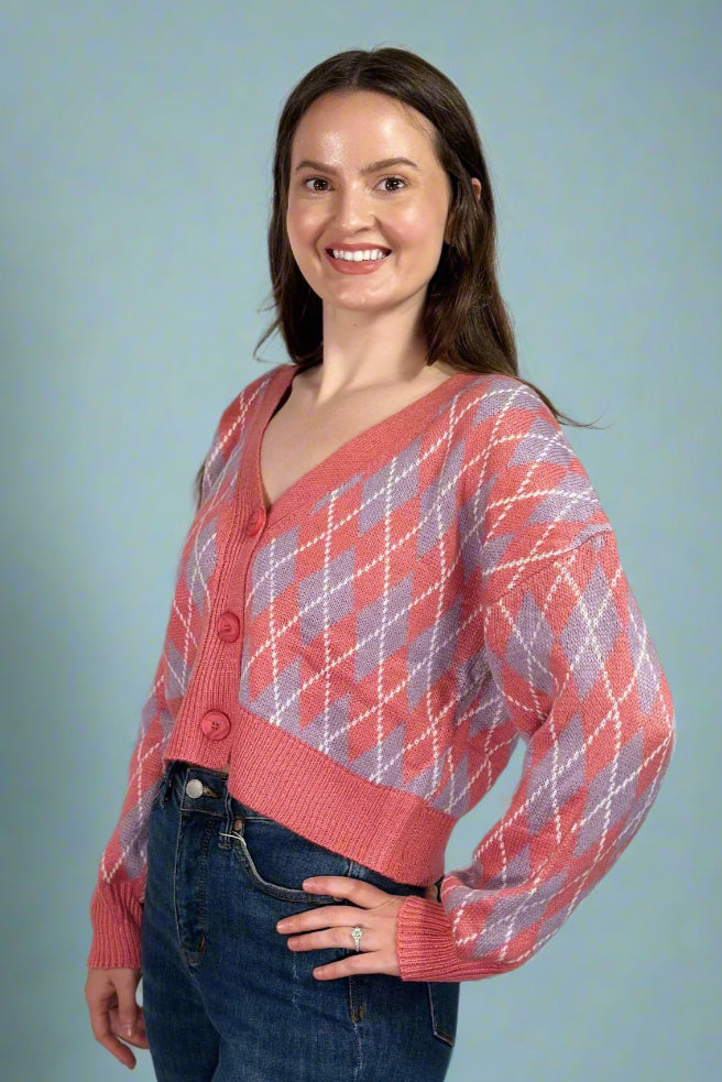 Argyle Pattern Knit Cardigan - Pink