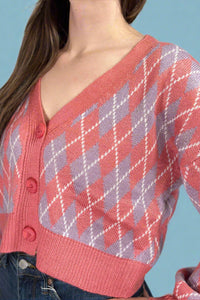 Argyle Pattern Knit Cardigan - Pink