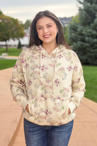 Brushed Terry Floral Hoodie - Ecru