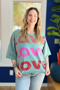 Garment Washed Love Printed Top - Sea Foam