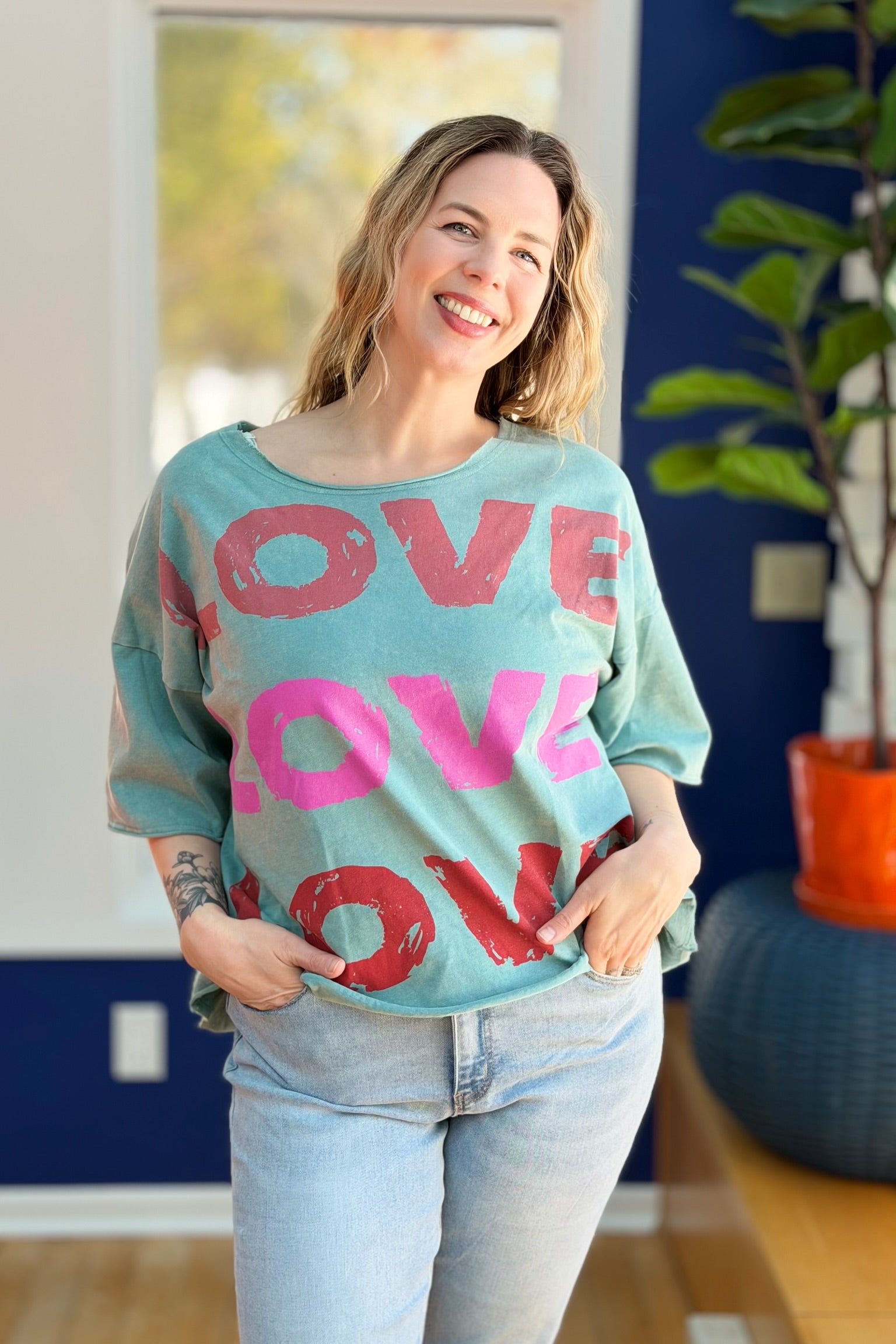 Garment Washed Love Printed Top - Sea Foam