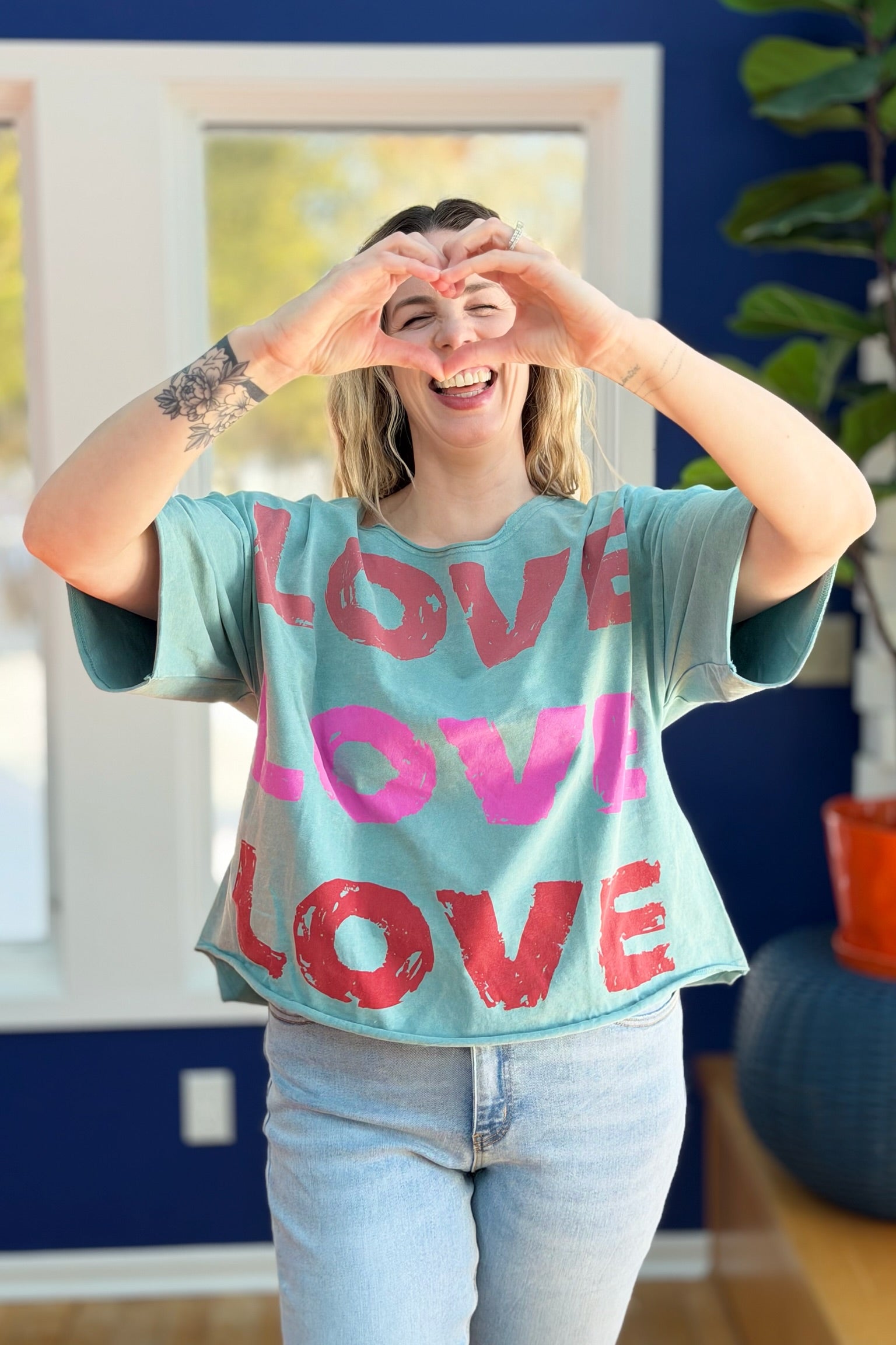 Garment Washed Love Printed Top - Sea Foam