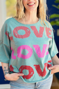 Garment Washed Love Printed Top - Sea Foam