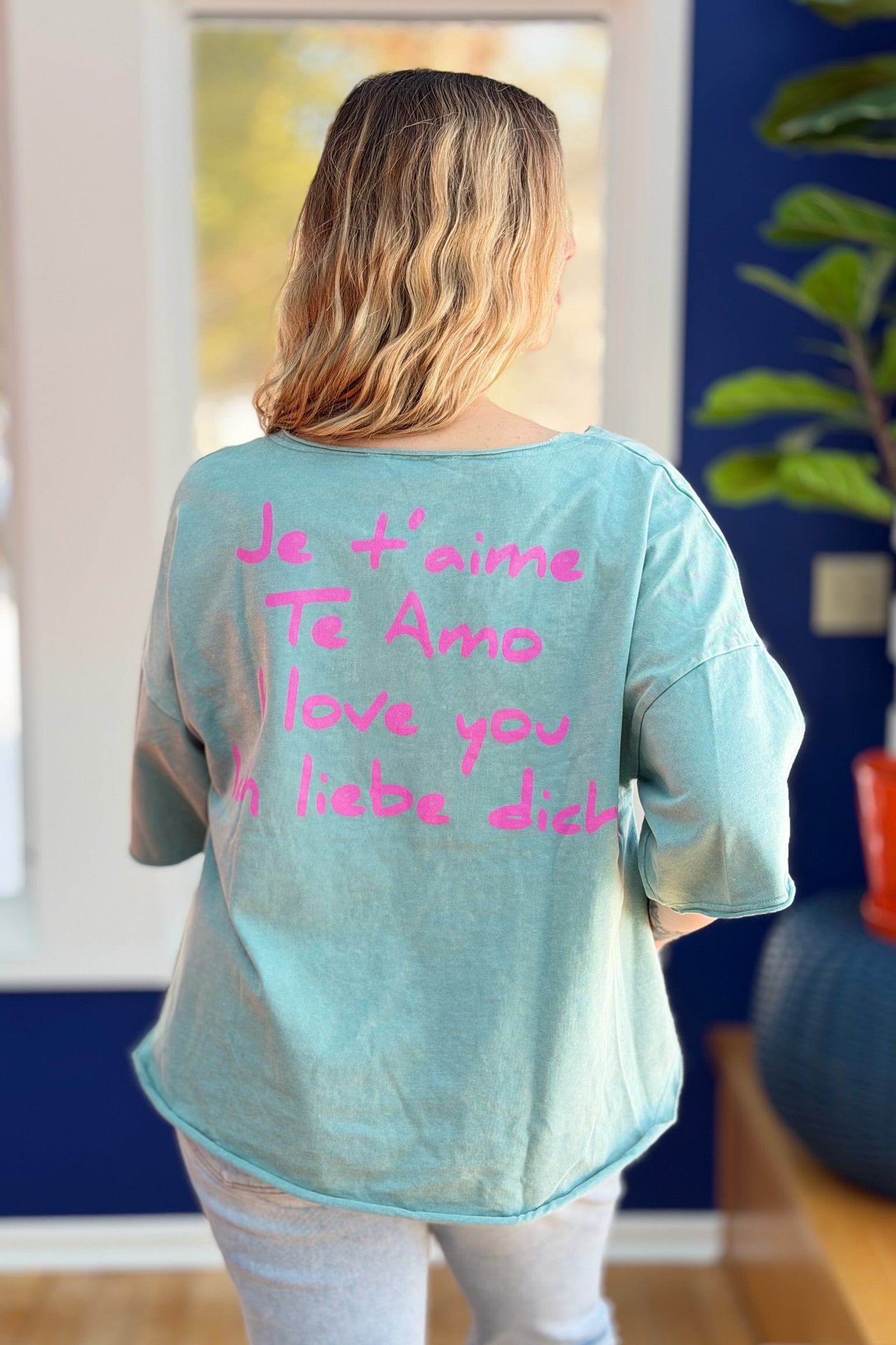Garment Washed Love Printed Top - Sea Foam