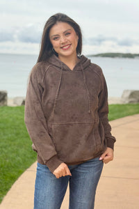 Brushed Terry Floral Hoodie - Brown