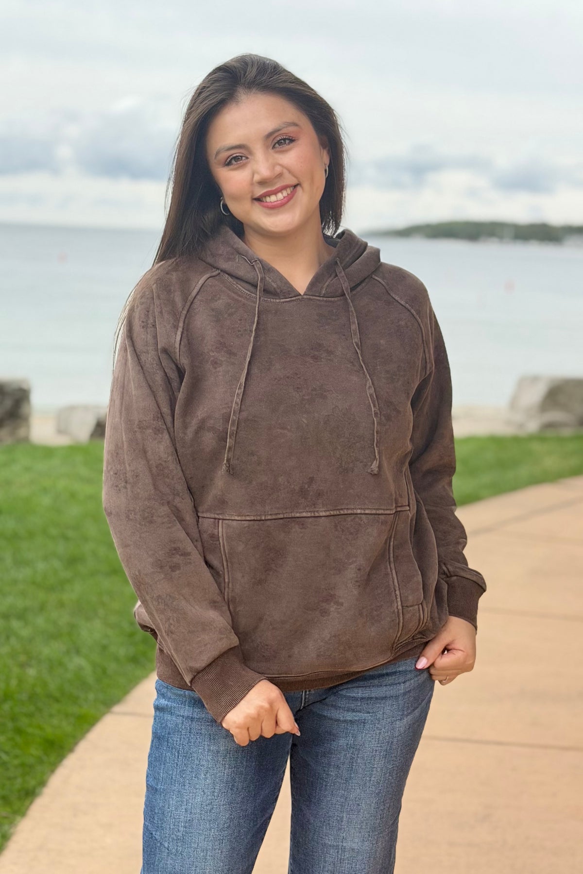 Brushed Terry Floral Hoodie - Brown