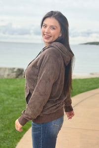 Brushed Terry Floral Hoodie - Brown
