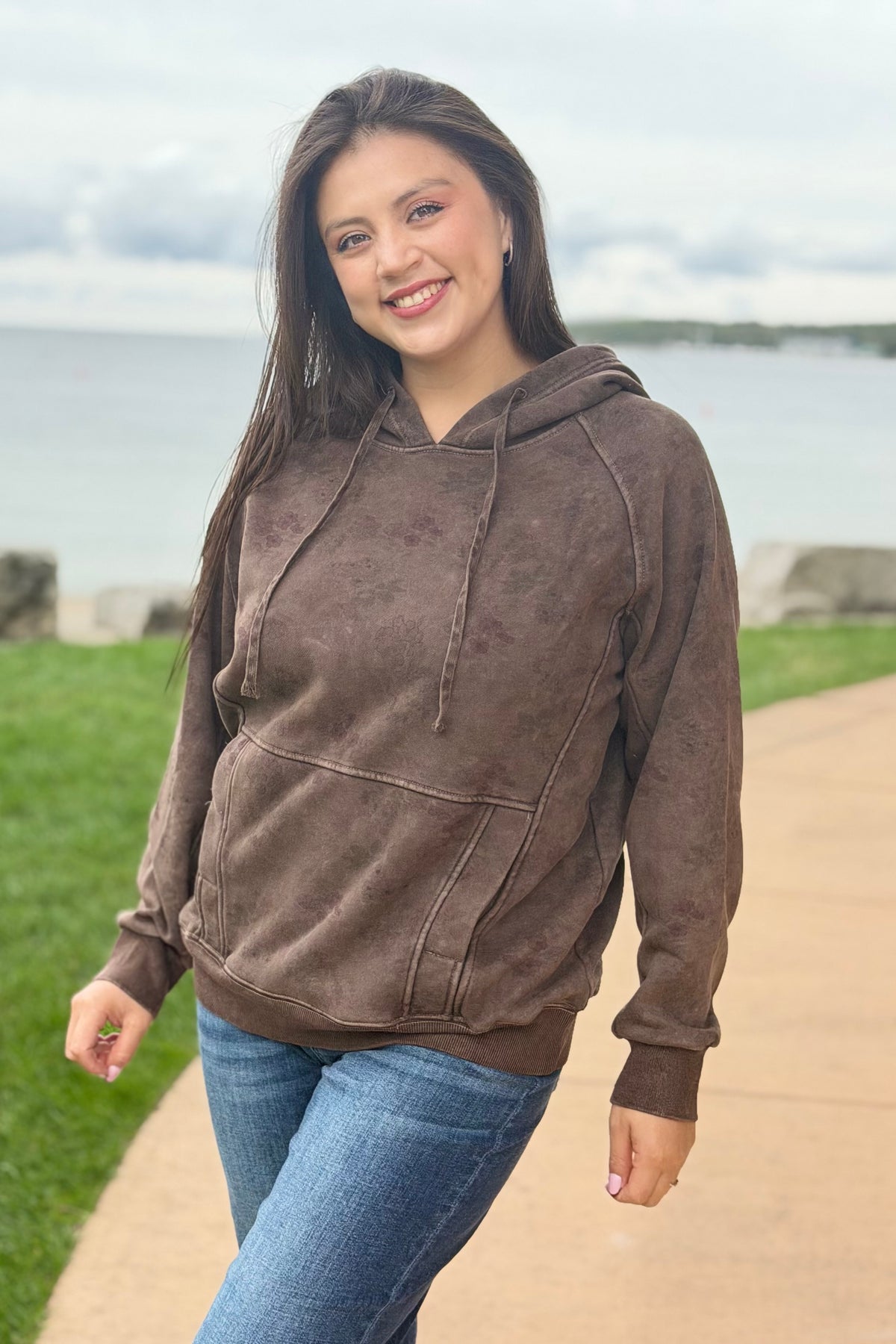 Brushed Terry Floral Hoodie - Brown