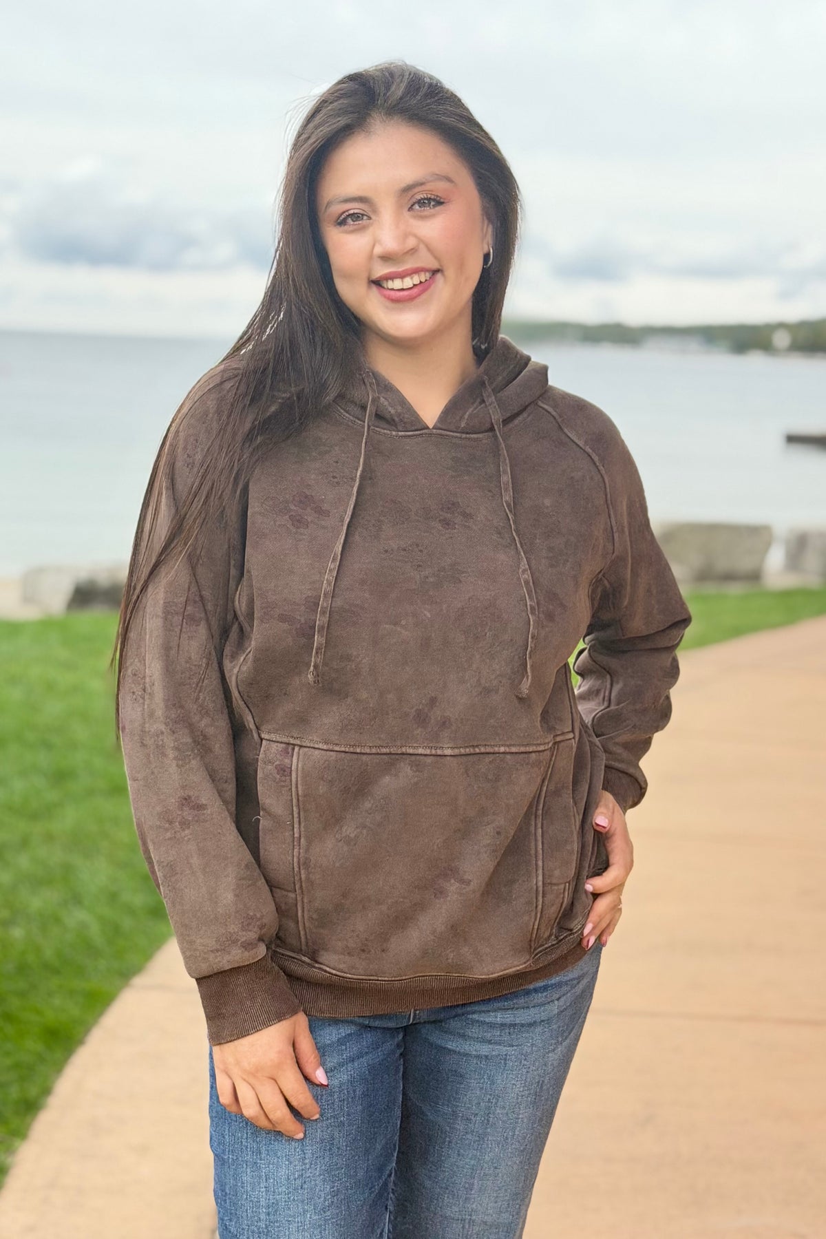 Brushed Terry Floral Hoodie - Brown