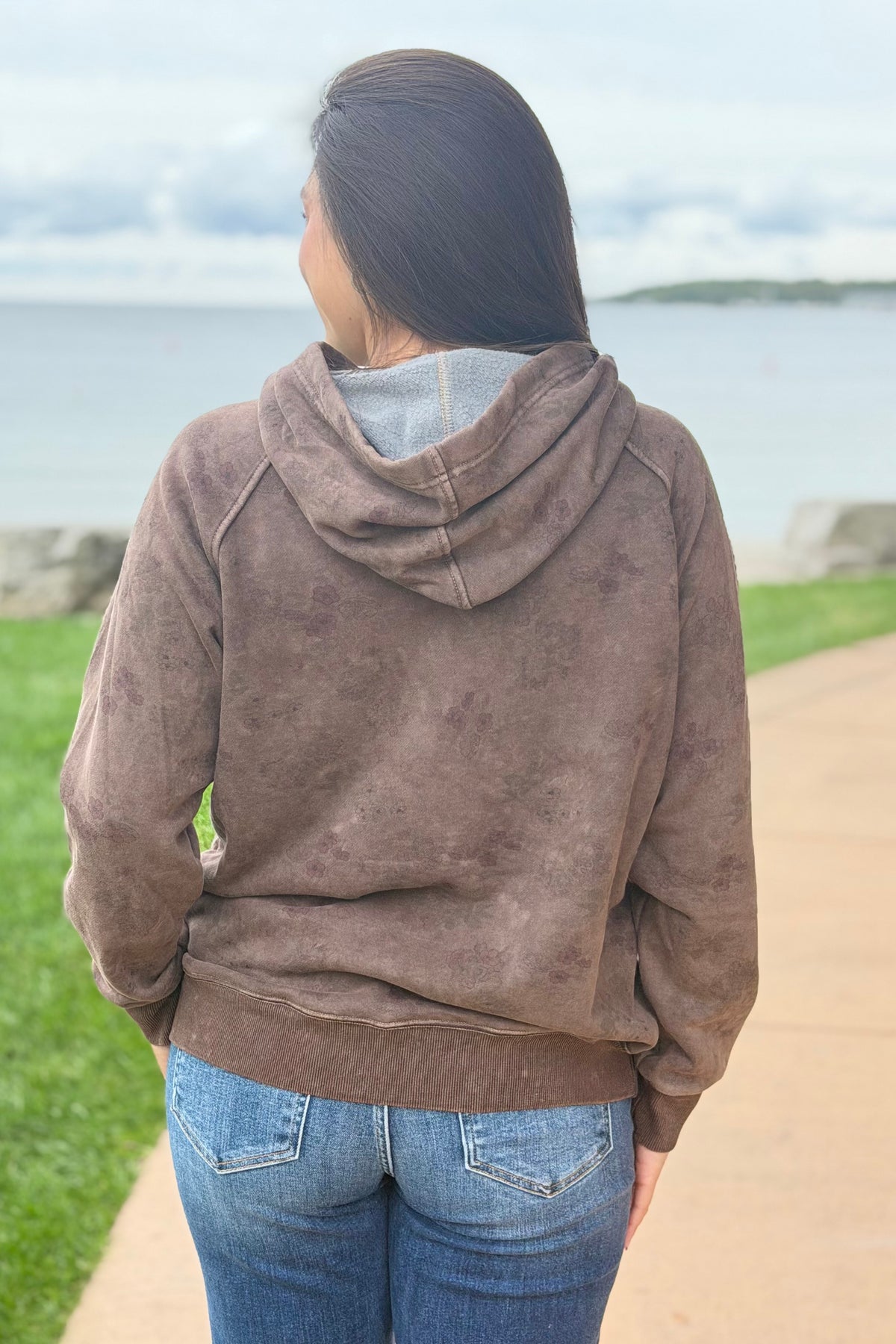 Brushed Terry Floral Hoodie - Brown
