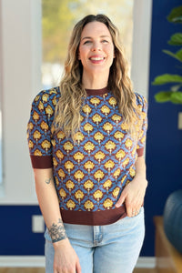 Floral Short Sleeve Sweater - Brown