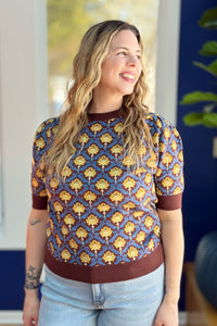 Floral Short Sleeve Sweater - Brown