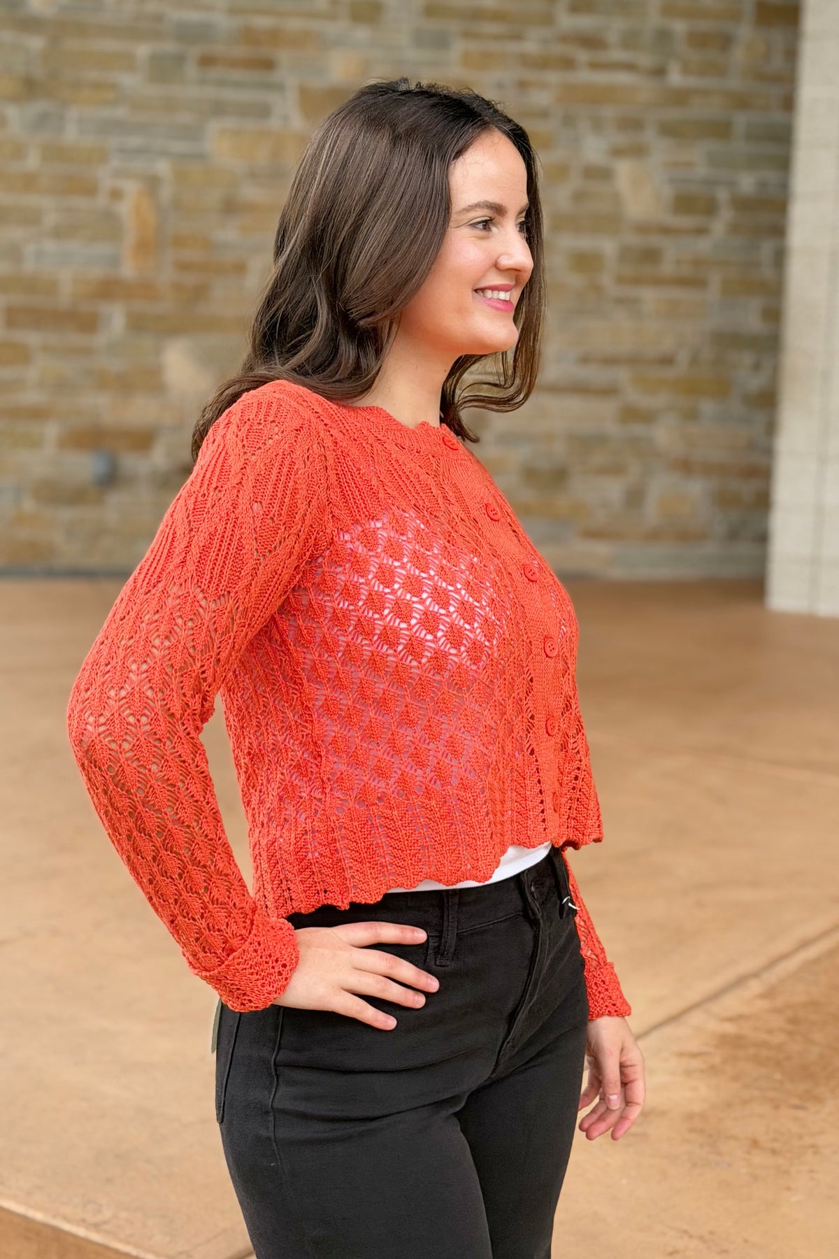 Scallop Cable Knit Cardigan - Coral
