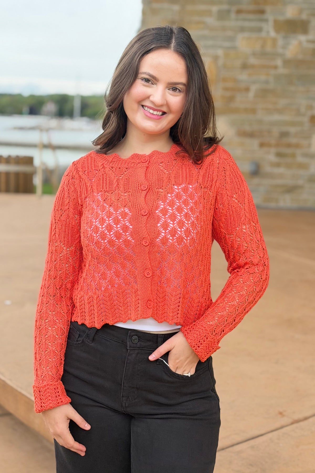 Scallop Cable Knit Cardigan - Coral
