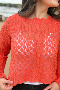 Scallop Cable Knit Cardigan - Coral