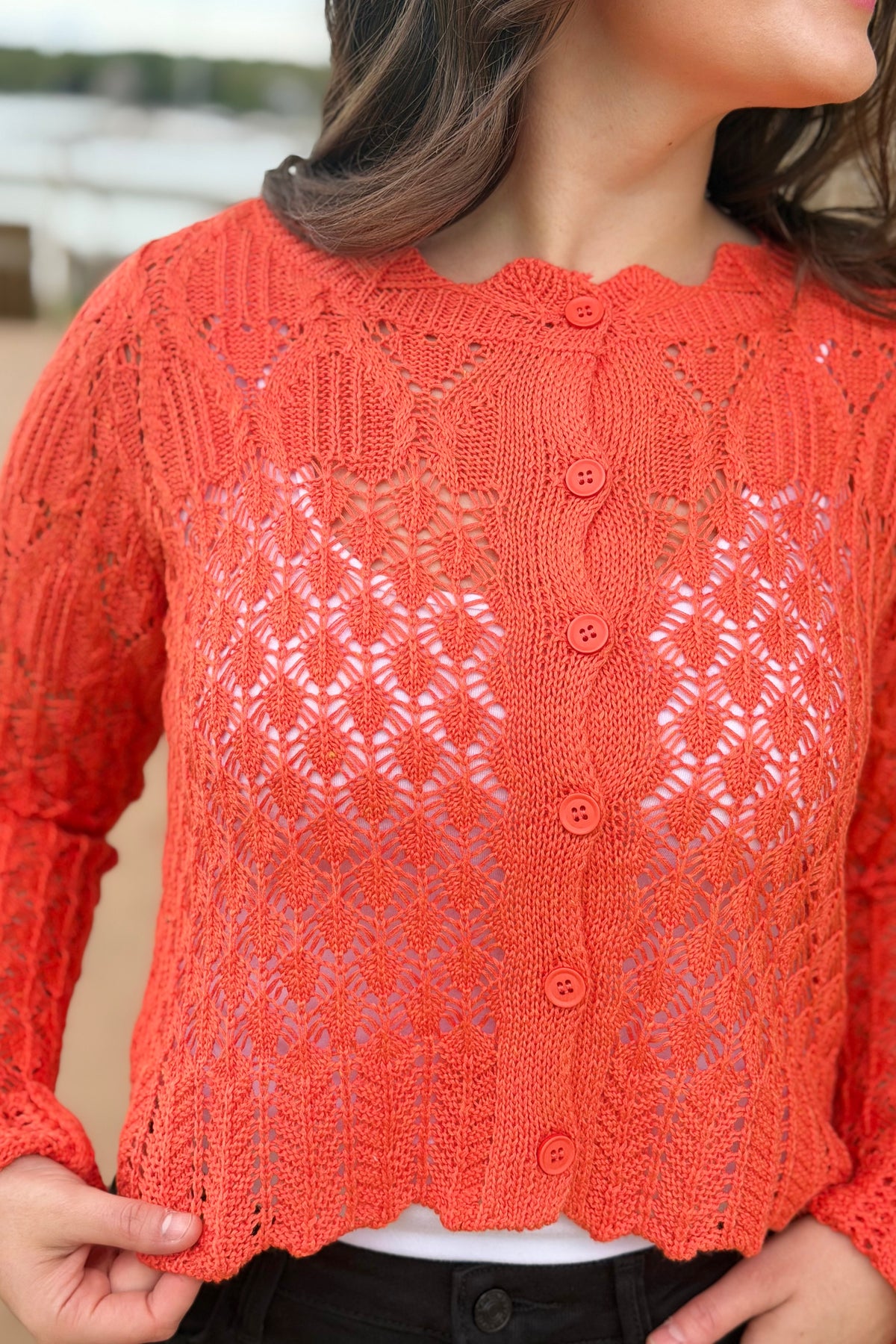 Scallop Cable Knit Cardigan - Coral
