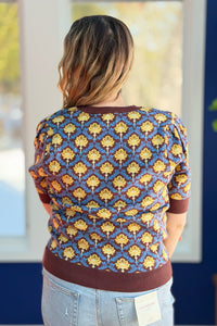 Floral Short Sleeve Sweater - Brown